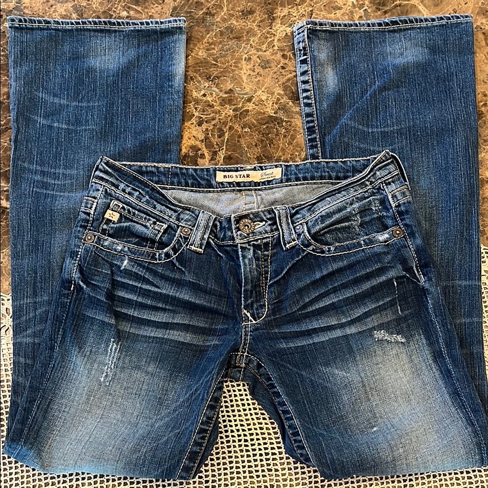 Big Star Y2K Sweet Ultra-Low Rise Embroidered Flap Pockets Distressed Boot Jeans